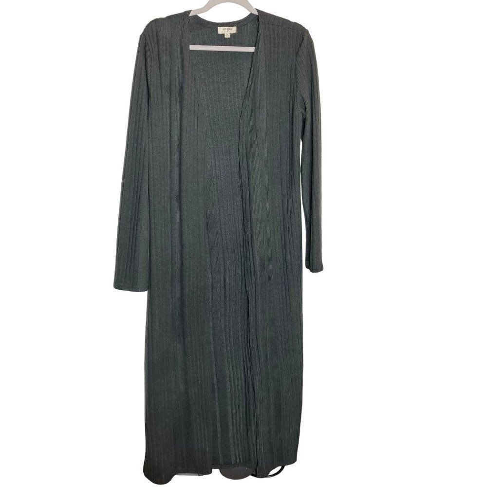 Umgee Long Duster Open‎ Cardigan Gray Sweater Sz Medium Flaw/Run Lower Bottom
